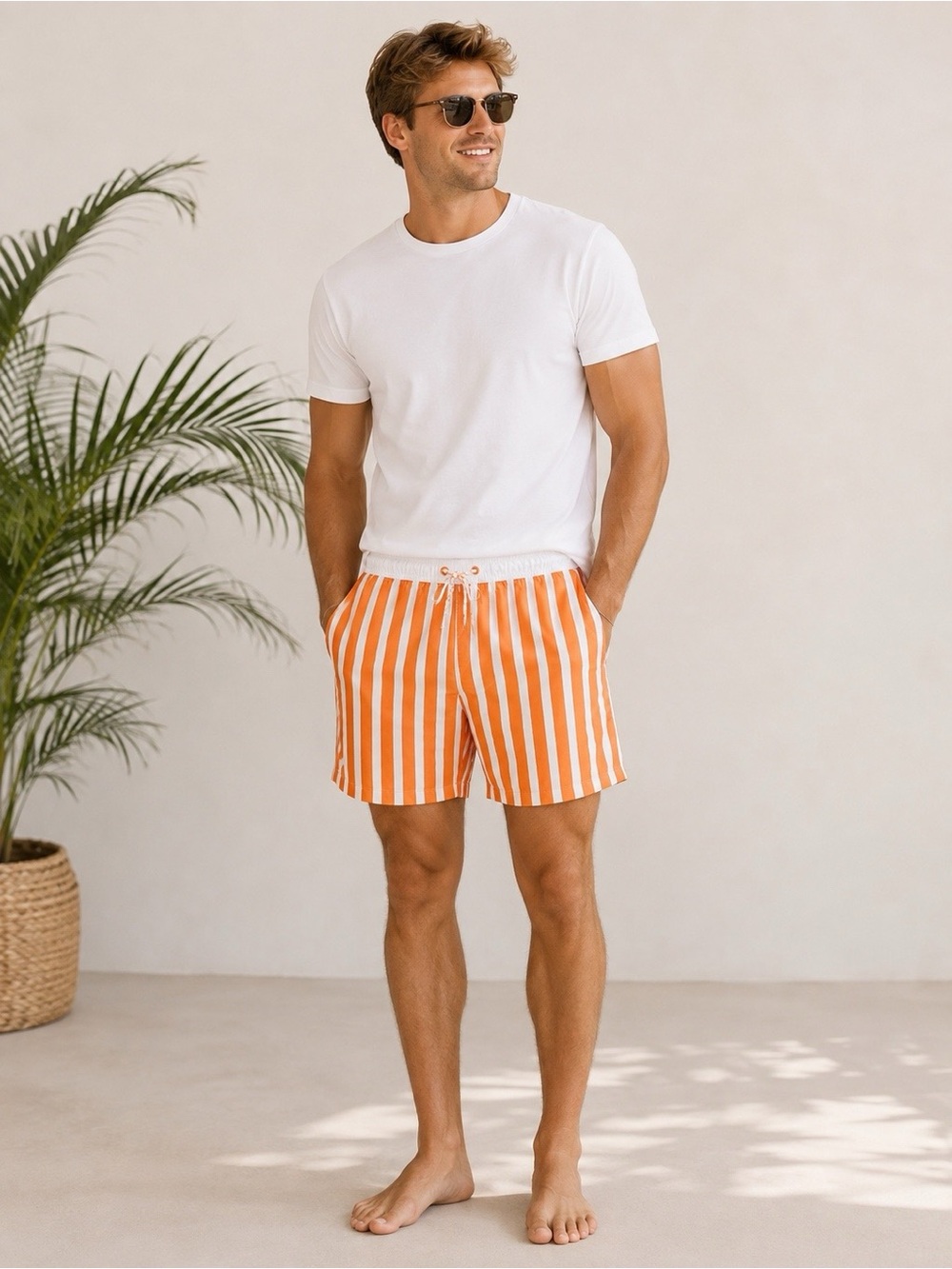 ☀️ Goodfellow Orange & White Vertical Stripe Drawstring Shorts Men’s Size Medium